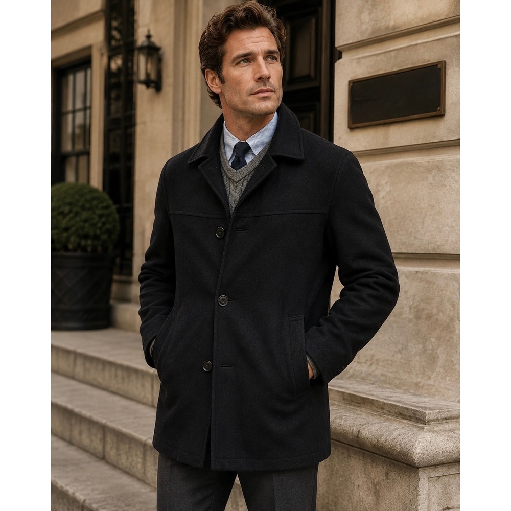 Tommy Hilfiger Mens Black Wool Blend Quilted Lined Car Coat Jacket RN 54163